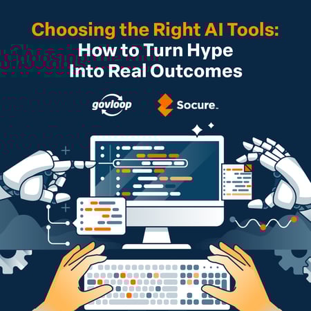 Dark blue square image with a computer in view and someones hands typing on the keyboard, robot hands are in the image too touching the computer screen.